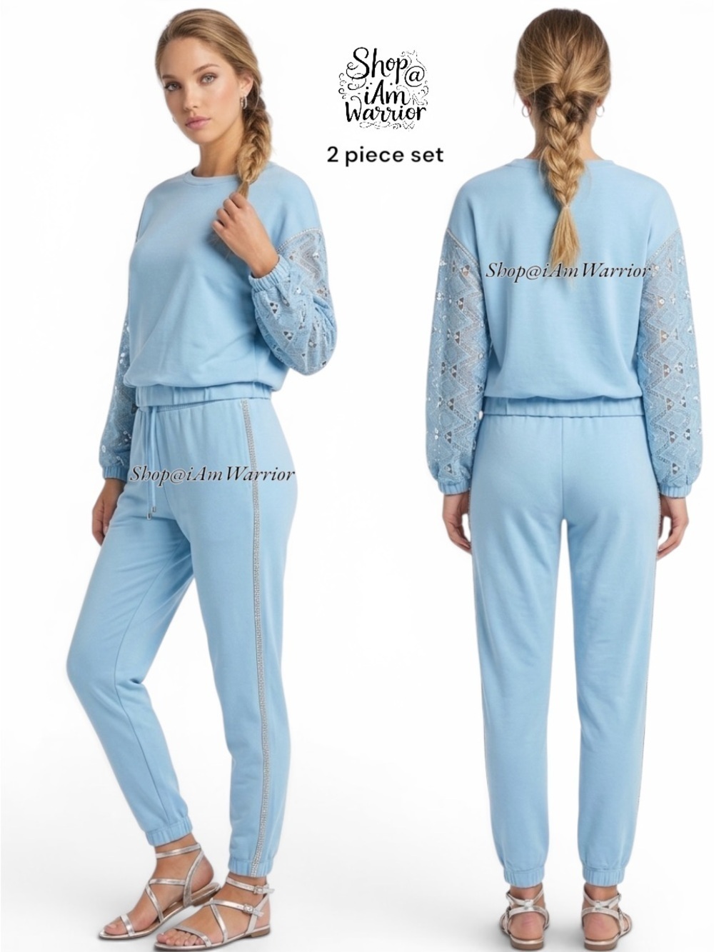 Boston Proper blue 2PC embellished top + jogger lounge set *shop@iamwarrior